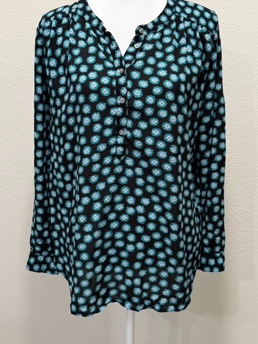 Loft black and teal floral pullover blouse, long sleeves, size medium